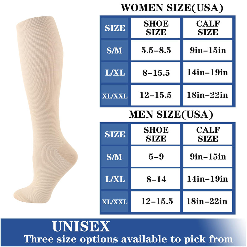 6 Pairs Compression Socks for Women and Men Circulation, 20-30 mmhg Knee High Best Support for Athletic Running, Cycling, Hiking, Medical, Nurse, Recovery Khaki Large-X-Large