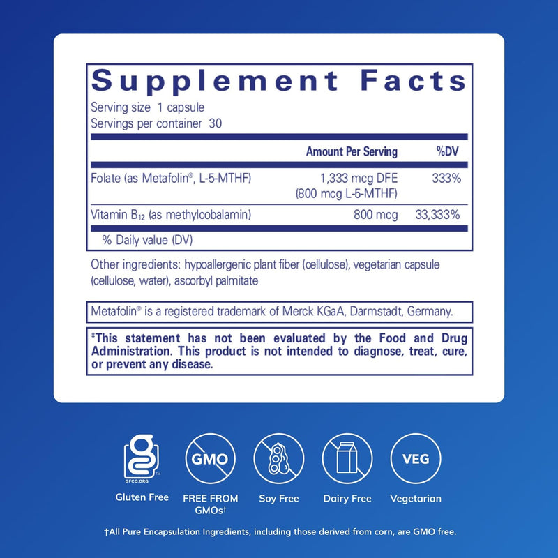 Pure Encapsulations B12 Folate, 30 Capsules | Energy Supplement to Support Nerves, Energy Metabolism and Cognitive Function Support*, with Vitamin B Folate as Metafolin 30 Count (Pack of 1)