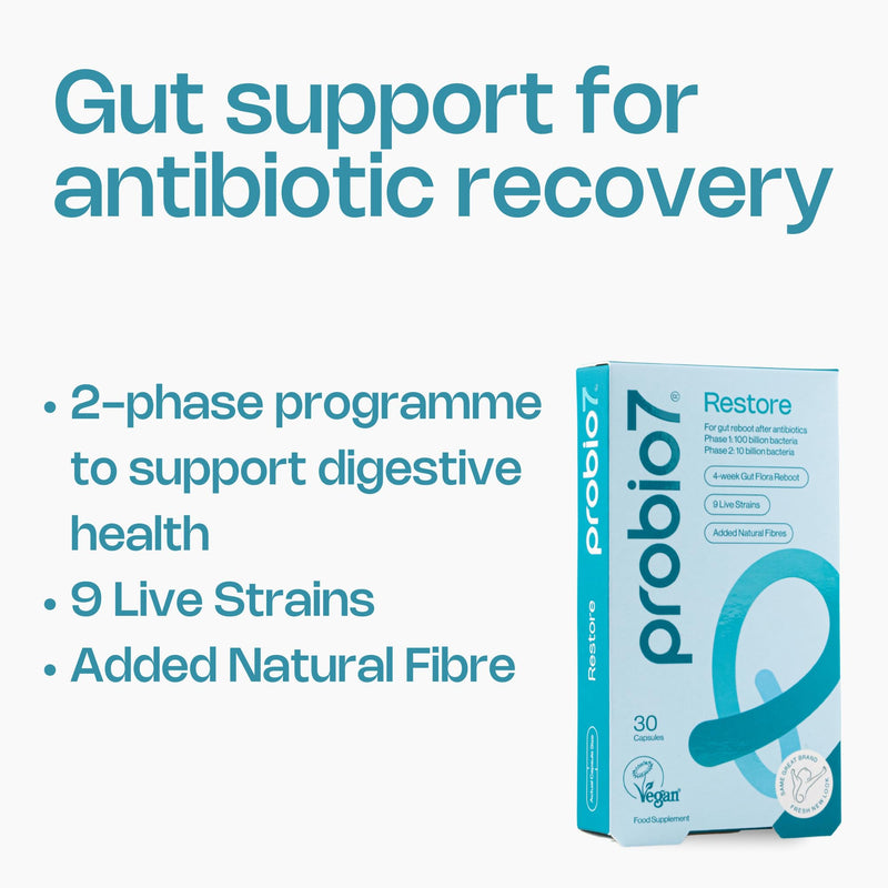 Probio7 Restore - 4 Week Gut Support for Antibiotic Recovery | 9 Live Strains | Probiotics for Antibiotics, Digestive Balance & Immune Support | Gut Repair for Men & Women | 30 Vegan Capsules 30 Capsules (4 Week Course)