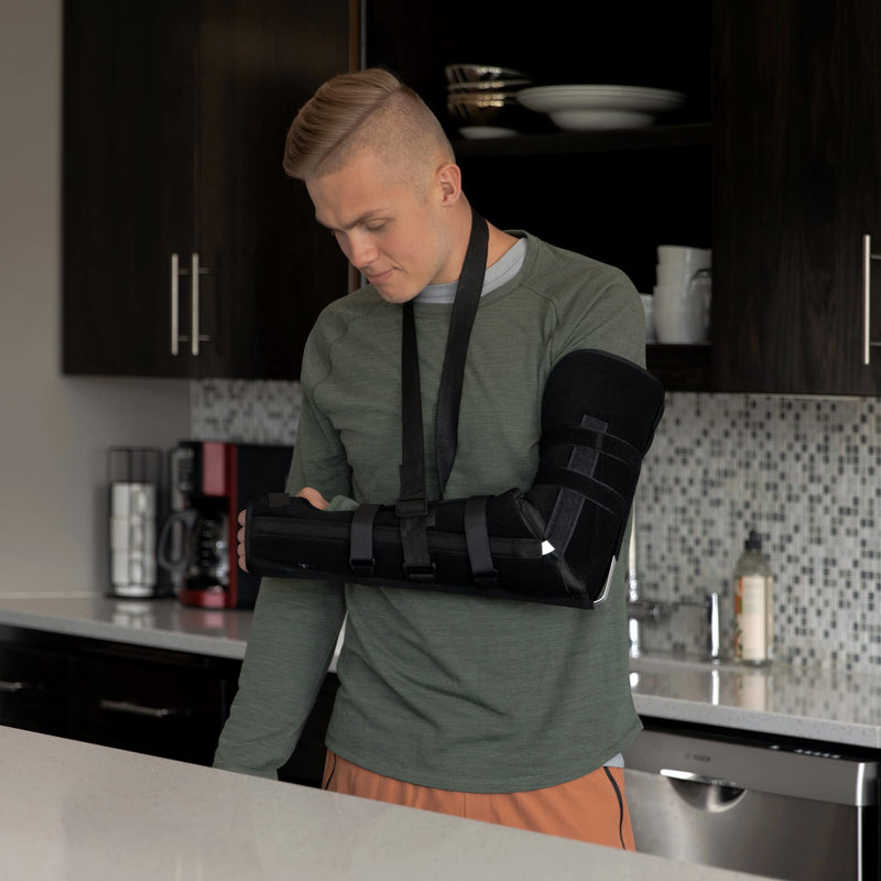 [Australia] - BraceAbility Posterior Long Arm Splint - Elbow Immobilizer Right or Left Forearm Brace with Support Sling for Fractures, Post-Surgery Recovery, Tendonitis, Bursitis, Ulnar Nerve Pain Relief (L) Large 