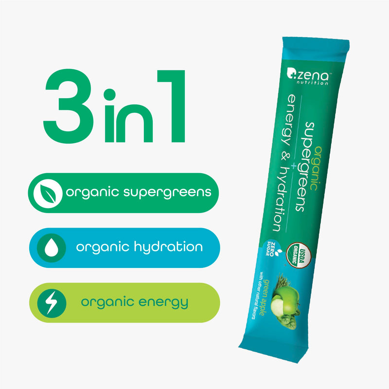 [Australia] - Zena Nutrition Organic Super Greens Energy & Hydration Powder, 70+ Superfoods, 0 Sugar, 5G Fiber, Spirulina, Chlorella, Prebiotics/Probiotics, Natural Caffeine + Electrolytes, 40 Drink Mix Packets Green Apple 0.21 Ounce (Pack of 40) 