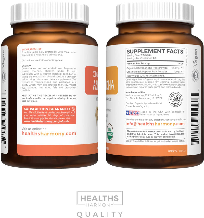 [Australia] - USDA Organic Ashwagandha (120 Vegetarian Tablets) 1350mg Ashwaganda Root Powder Per Serve with Black Pepper - Natural Adrenal Support, Cortisol & Thyroid Support, Immune Support (No Pills or Capsules) 120 Count (Pack of 1) 