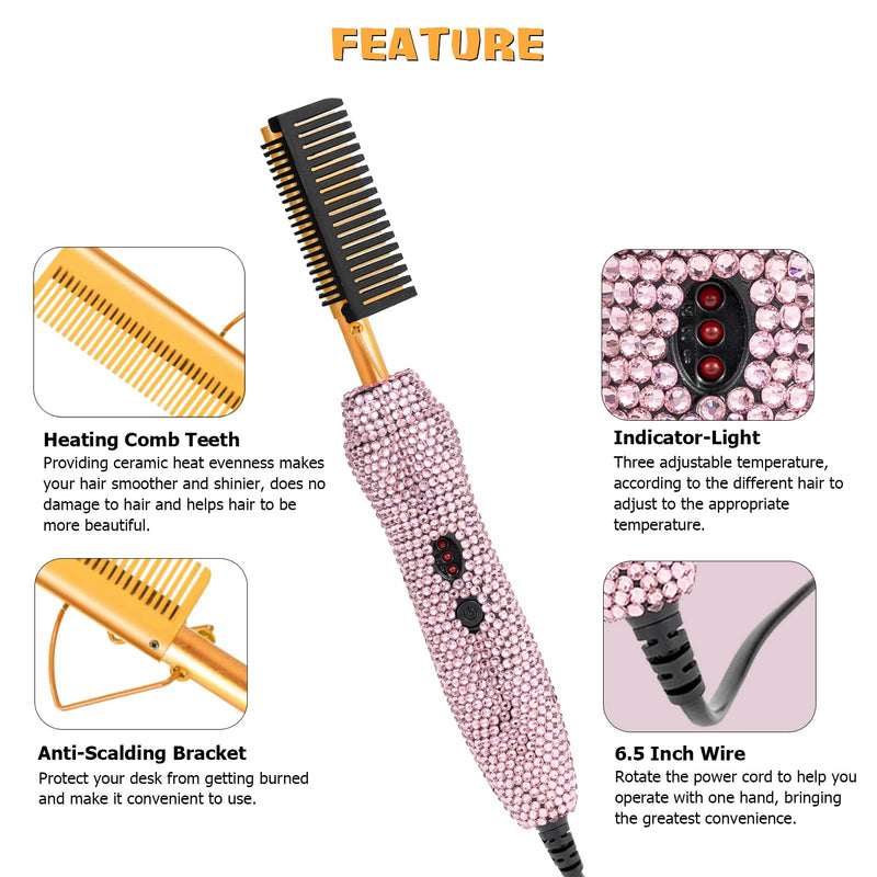 Diamond Electric Adjustable Temperature Hair Straightener Brush Set for Wigs and Natural Black Hair (Gold) Gold
