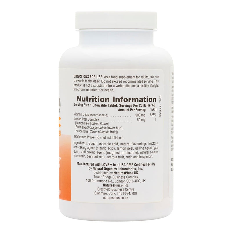 NaturesPlus Immune Chewable Vitamin C 500mg - Tasty Citrus Flavour - Gentle, Natural Vitamin C Tablets with Bioflavonoids - Immune Support - Vegan, Gluten Free - 60 Chewables