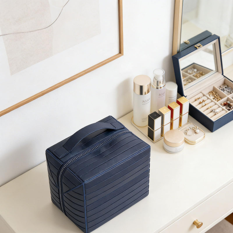 Vikye Foldable Makeup Bag, Large Capacity Flat Open Travel Cosmetic Case Zippered Toiletry Organizer with PU Leather and Canvas, for Skincare Navy Blue