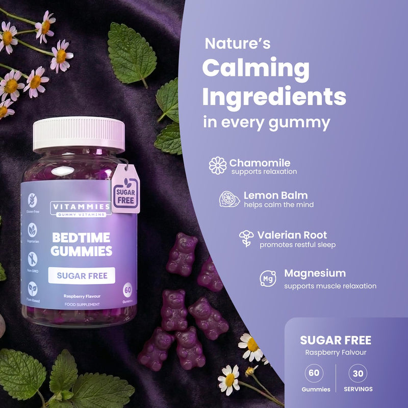 Vitammies Sugar-Free Sleep Gummies for Adults – Night Time Gummies with Magnesium &Calming Botanicals – Complement Your Evening Routine or Relax – Vegan Mixed Berry Flavour, 60 Chewable Bears