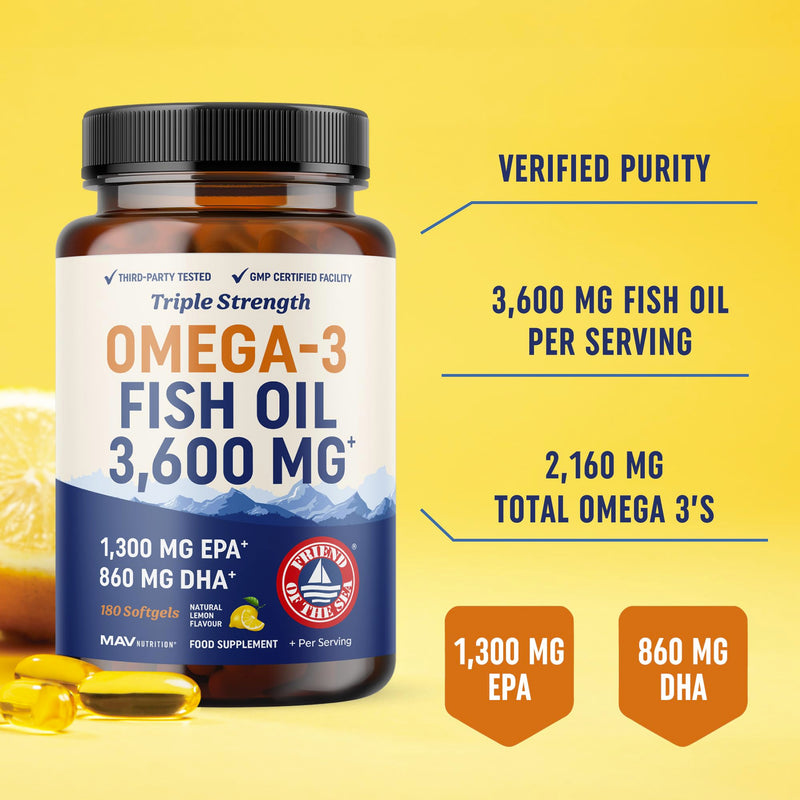 Triple Strength Omega 3 Fish Oil 3600 mg | EPA & DHA | Over 2100mg Omega-3 Fatty Acids | 1300mg EPA + 860mg DHA | Best Essential Fatty Acids | Premium Wild Caught & Burpless Fish Oil | 180 Ct 180 count (Pack of 1)