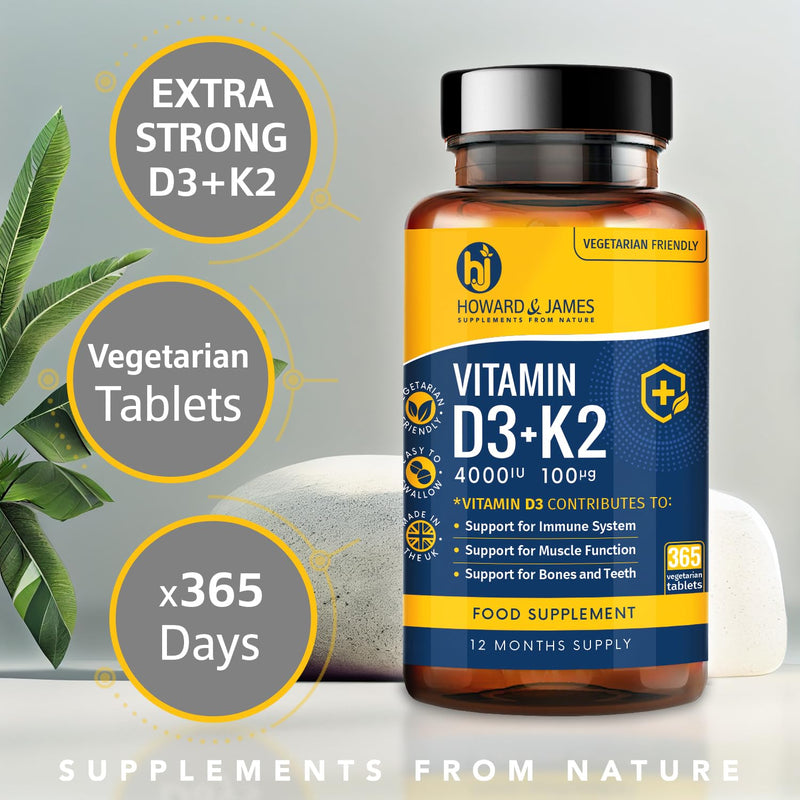 Vitamin D3 4000iu Plus Vitamin K2 100ug (MK7) 365 High Strength Vegetarian Tablets - 12 Months Supply - Easy to Swallow, for Immune System, Bone, Teeth and Muscle Function Support – Made in the UK