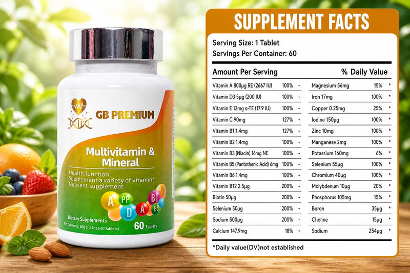 Multivitamin & Mineral Tablets, Daily Vitamins and Minerals Supplement with Vitamin A, C, D3, B Vitamins, Zinc, Iron & Magnesium, 60 Tablets
