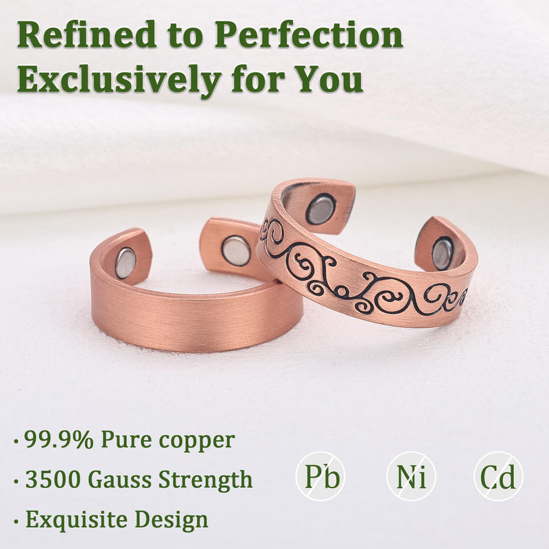 [Australia] - 3 Copper Rings for Men, 99.99% Solid Pure Copper, 3pcs 3500 Gauss #9 Rings, Vintage & Cross Pattern Adjustable Cuff Ring Copper & Vine Design2 