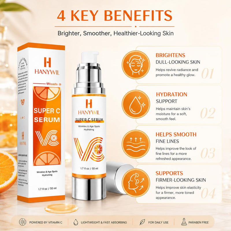 HANYWIL 20% Vitamin C Face Serum with Hyaluronic Acid, 1.7 fl oz | For Mature Skin, Dark Spots, Fine Lines & Dry Areas; With Vitamin E, Niacinamide & Aloe For Daily Am/Pm Skincare 1.7 Fl Oz (Pack of 1)