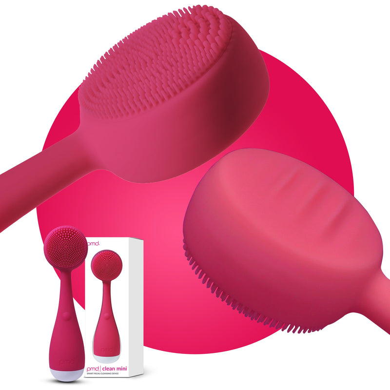 PMD Clean Mini - Smart Facial Cleansing Device with Silicone Brush & Anti-Aging Massager - Waterproof - SonicGlow Vibration Technology - Clear Pores and Blackheads - Lift, Firm, and Tone Skin Pink