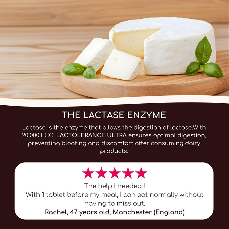 LACTOLERANCE Ultra | Lactase Tablets 20,000 FCC – High Strength with Lipase 500 UI – Lactose Intolerance Support for Dairy & Fatty Meals – 36 Chewable or Swallowable Tablets Unflavoured