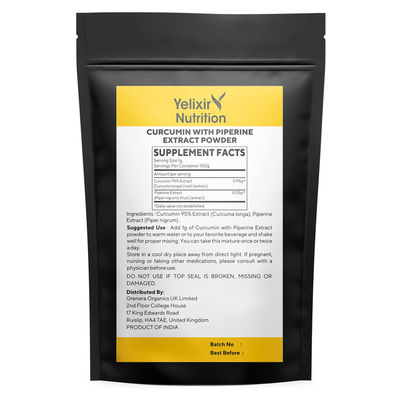 95% Curcumin Extract with Piperine Extract Powder 100 gram, High Strength Turmeric Curcumin 95% and Black Pepper Piperine, Maximum Absorption, Join Support