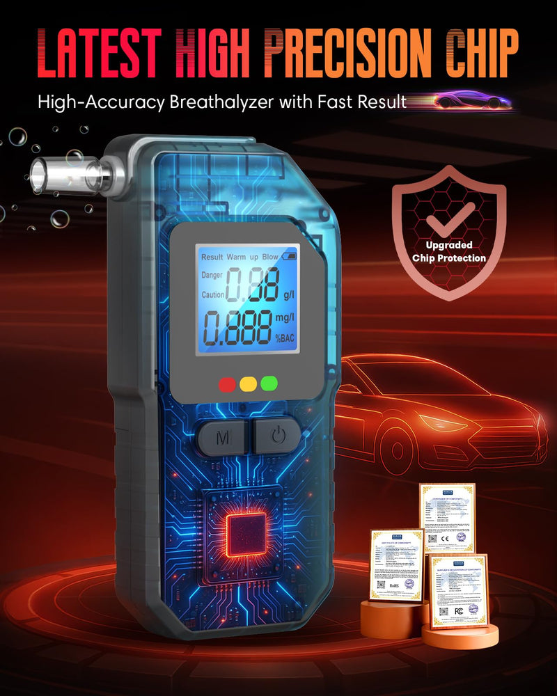 Breathalyzer, Professional-Grade Accuracy Portable Breath Alcohol Tester Breathalyzers for Alcohol with Voice Prompt & LCD Digital Display, for Home Party & Driver Use -10 Mouthpieces