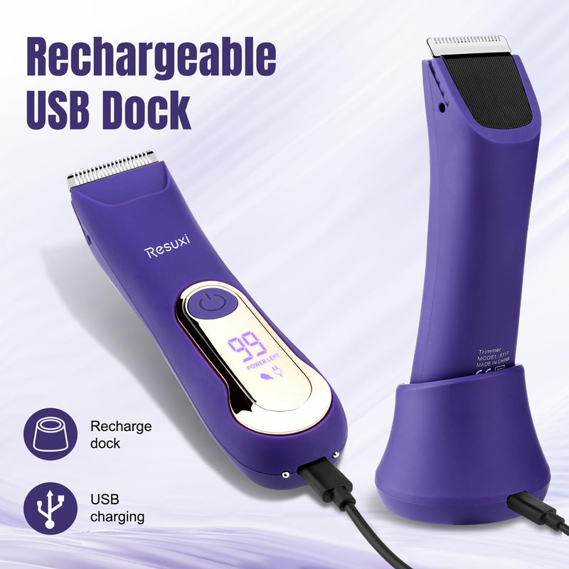 [Australia] - RESUXI Electric Bikini Trimmer for Women,Pubic Hair Trimmer Ceramic Blade Electric Razors Shaver for Underarm Leg Arm Body Hair Private Area,Wet/Dry IPX7 Waterproof Rechargeable LCD Display LED Light Purple 