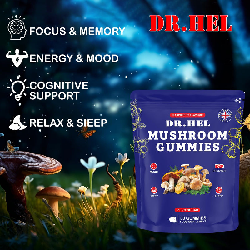 12-in-1 Mushroom Gummies with Lion’s Mane: Enhance Energy & Focus Mushroom Supplement, Reish, Raspberry Flavor, 30 Gummies