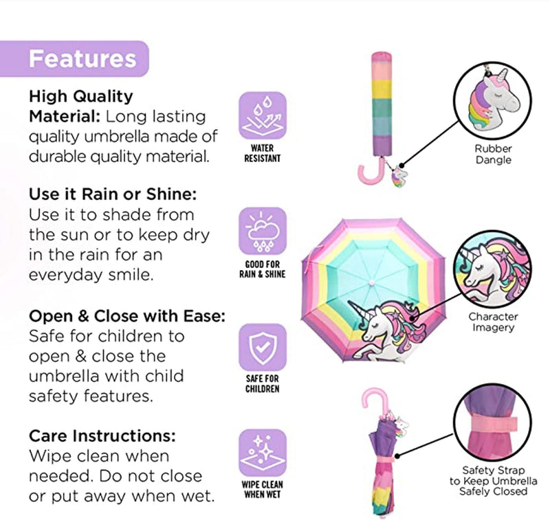 addie & tate Kids Umbrella for Girls and Boys & Rain Coats Set -Toddler Umbrellas Kids Raincoat Boys Girls Jacket 5-7 Years Unicorn