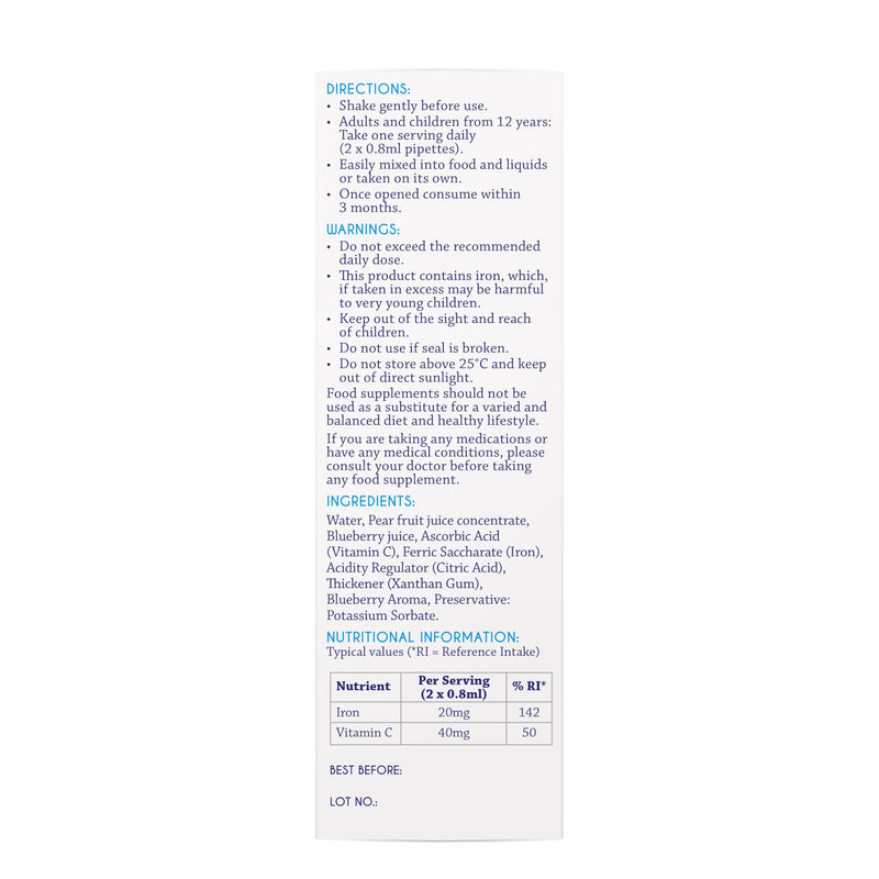 Blueiron High Strength Drops 50ml - Iron Supplement with Nordic Blueberries +Vitamin C - Suitable for Vegans - Easily Absorbed and Gentle on The Stomach