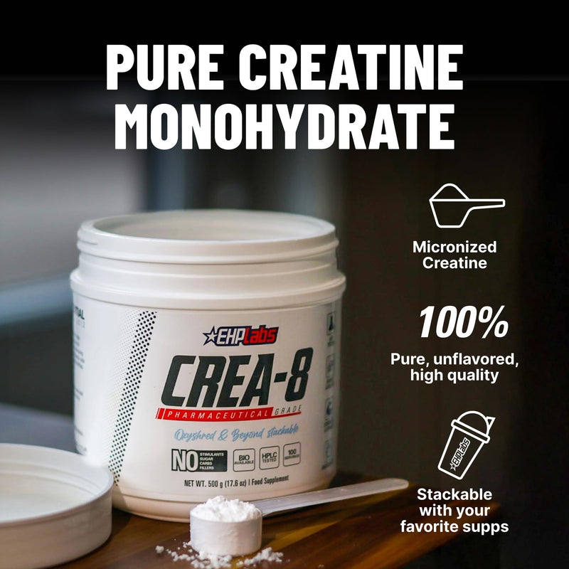 [Australia] - EHP Labs CREA-8 Micronized Creatine Monohydrate Powder - Unflavored Creatine Powder for Muscle Growth, Increased Strength, Enhanced Energy Output and Improved Performance - 100 Servings (500g) 