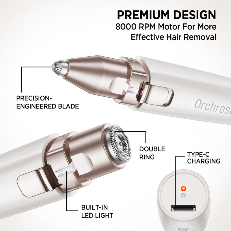 [Australia] - Facial Hair Remover for Women - 2 in 1 Eyebrow Trimmer and Rechargeable Eyebrow Razor - Hair Removal Device for Eyebrows Peach Fuzz Lips Arms with Light (Pearl White) Pearl White 