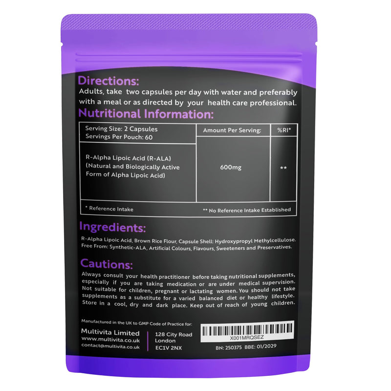 R-Alpha Lipoic Acid R-ALA 600mg Per Serving 120 Capsules High Strength Antioxidant Supplement, Contains Only the R Form, Non-GMO, UK Manufactured to GMP Standards
