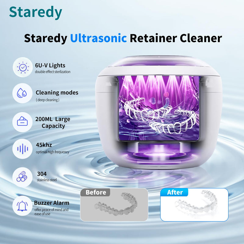 [Australia] - Staredy Ultrasonic Retainer Cleaner for Dentures,Oral Dental, 6 UV Lights-4 Mode-200ML Denture Cleaner Machine for Aligner,Braces, Jewelry with Mouth Guard Cleaner-Touchscreen (white) white 