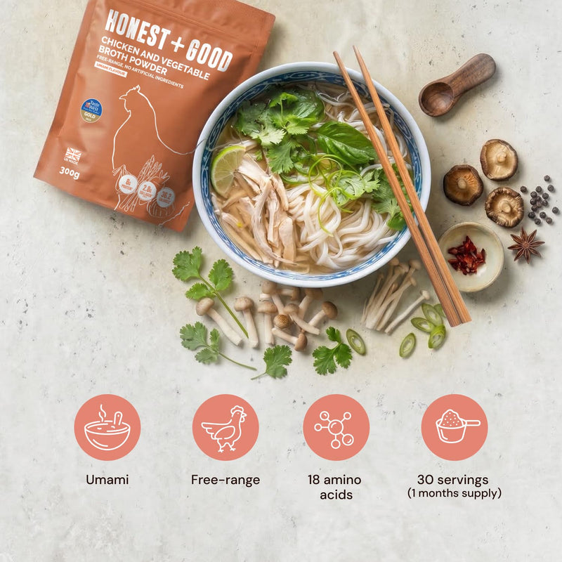 Honest + Good Chicken & Vegetable Bone Broth Powder - 300 g | 1 Month Supply | UK Made Gold Award Winner | Made With Free Range Chicken | Type II Collagen & Protein Promote Hair Skin Nail & Gut Health
