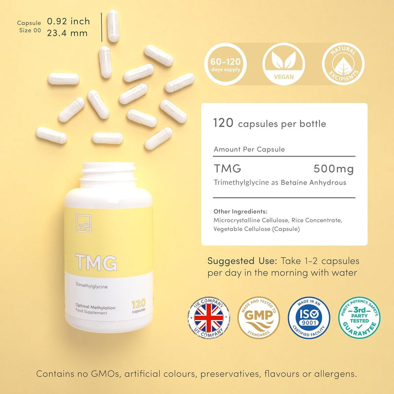 vP Vitality Pro TMG 500mg x 120 Capsules - Third Party Tested Over 99% Purity - Vitality Pro Trimethylglycine Supplement - High Strength TMG Supplement | Third Party Tested, Over 99% Purity, High Strength, Natural, No Excipients
