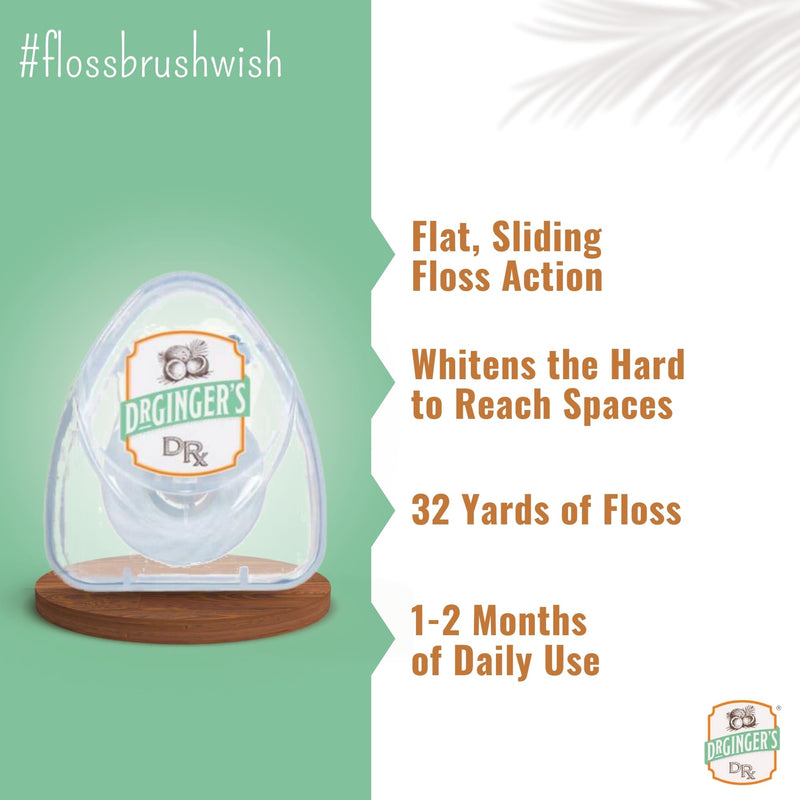 Dr. Ginger's White Charcoal Dental Floss - Flat Glide Action for Tight Teeth, Mint Flavor - 32yds, 3 pcs - Tooth Floss Infused with Coconut Oil and Xylitol - Oral Care and Plaque Removal