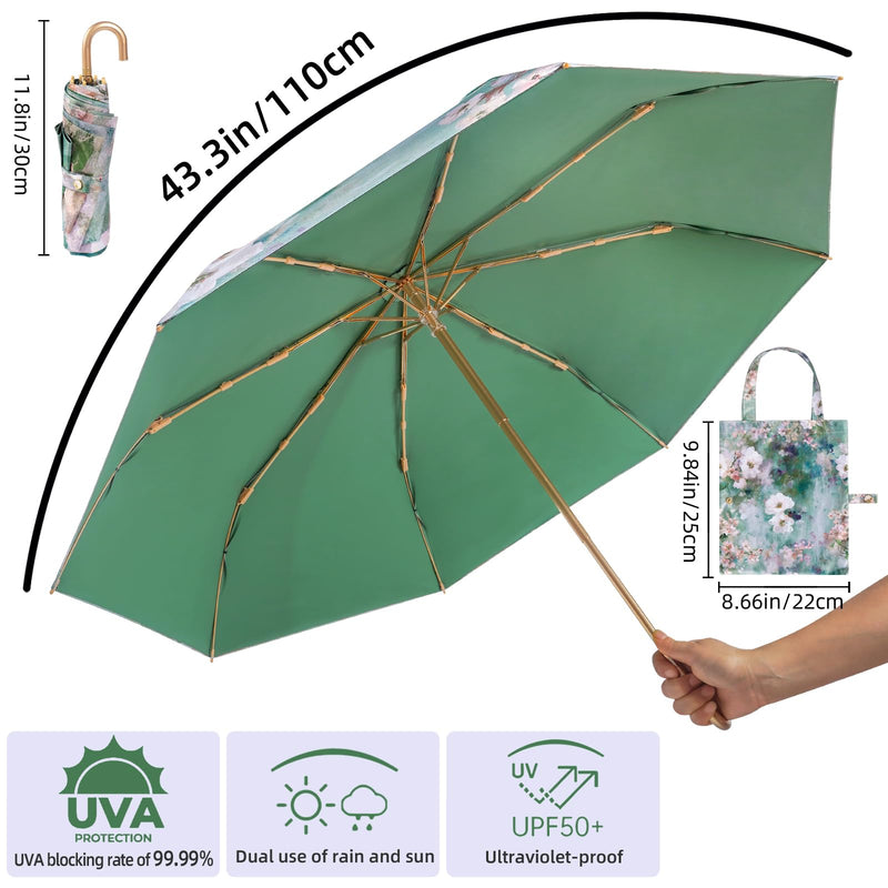 Manual Folding Floral Oil Painting Umbrella for Women - UV Protection Rain Sun Umbrella with Golden Hook Handle Lightweight Fiberglass Frame Green