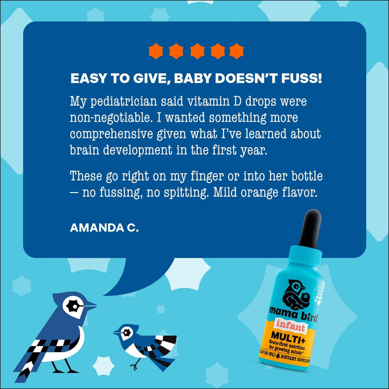 Mama Bird Infant Multi+ Drops (60 Servings) Ages 6 mo+ - Liquid Infant Multivitamin - Orange Flavor - Methylated B Vitamins, Vitamin B6 & Vitamin B12 - 3rd-Party Tested - Non GMO, Vegan & Gluten Free
