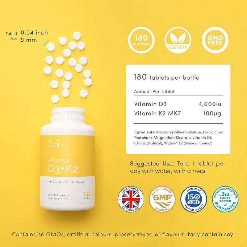 vP Vitality Pro Vitamin D3 4000 iu with Vitamin K2 100ug x 180 Tablets - Third Party Tested - Vitamin D Supplement with K2 MK7 - Vitality Pro | Third Party Tested, K2 MK7, Vitamin D Supplement, Natural, Excipient Free