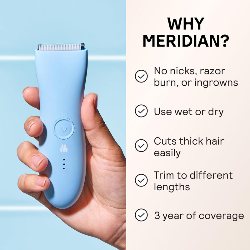 MERIDIAN The Trimmer Original - Body Hair Trimmer for Men, Electric Shaver for Pubic Hair, Chest, Legs & Bikini, Waterproof & Rechargeable, Sky