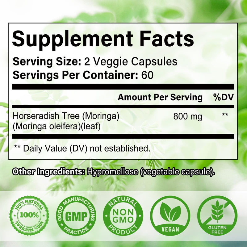 Moringa Capsules, Pure Moringa Leaf Powder Natural Green Antioxidant Superfood, High Potency Nutrient for Energy, Skin Health, Gut Health Supports, 120 Vegan Capsules 120 Count (Pack of 1)
