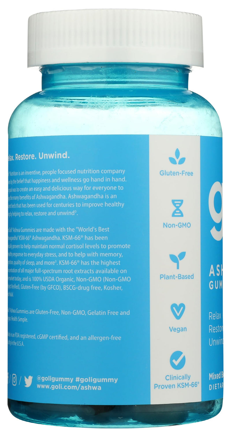 Goli Ashwagandha KSM-66 Gummies | Stress, Sleep & Mood Support | Mixed Berry | Vitamin D, Vegan, Plant Based, Non-GMO, Gluten Free, Gelatin Free | Relax. Restore. Unwind. | 60 Gummies
