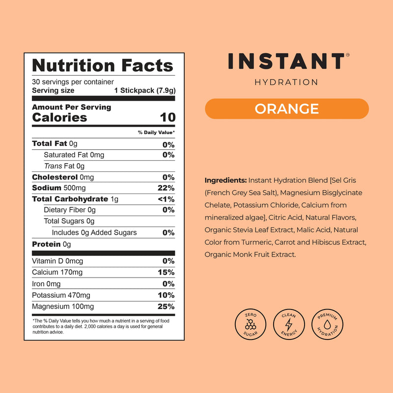 Instant Hydration Electrolytes Powder Packets - Citrus Orange Drink Mix - Zero Sugar - Keto, Vegan, Gluten-Free, Non-GMO - Boost Recovery, Brain Health, Muscle & Tissue Support- 30 Sticks