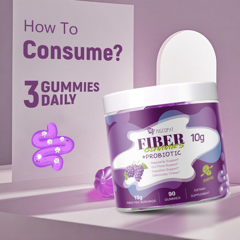 Migcopat 10G Fiber Gummies with 30 Billion CFU Probiotics, Grape Flavor, Bloating Support, Fiber Supplement with Vitamin C, ACV, Inulin, Sugar Free, 180 Count 180 Count (Pack of 1)