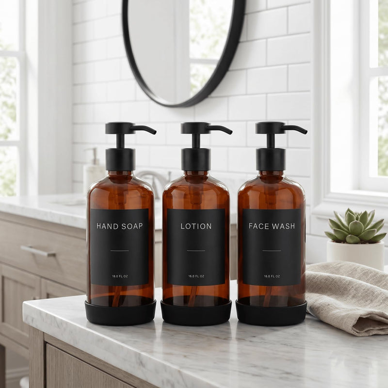 Prus Waso Shampoo and Conditioner Dispenser Set, Amber & Black | Soap Dispenser Shower, Empty Shampoo and Conditioner Bottles with Black Stainless Pumps and 32 Labels