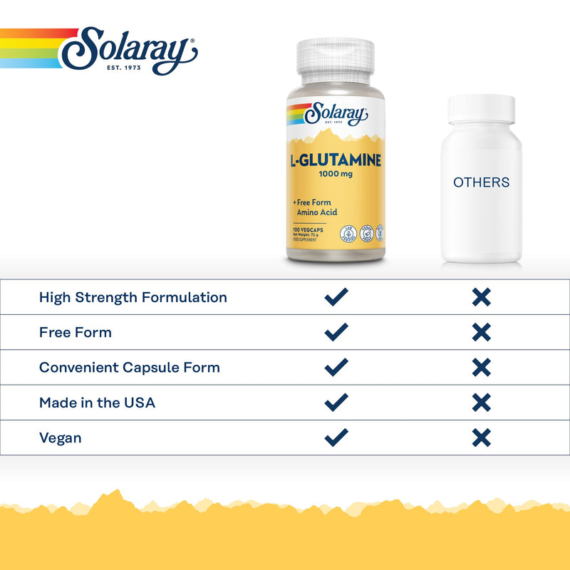 Solaray L-Glutamine 1000mg - 100 Vegan Capsules - High Strength Glutamine Amino Acid - Post Workout Recovery Supplement for Men & Women - Lab Verified & Magnesium Stearate Free