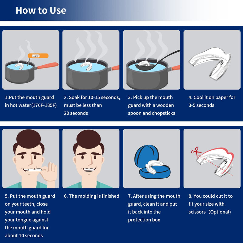 [Australia] - GlorySmile Mouth Guard for Clenching Teeth at Night, Upgraded Night Guards for Teeth Grinding, Pack of 8 Moldable Mouth Guard Stops Bruxism and Teeth Clenching 2 Sizes with Two Travel Cases 