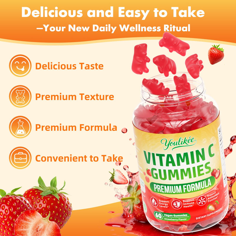 Vitamin C Gummies for Adults, Immune Support Supplement for Energy, 60 Ct | Antioxidant Protection, Non-GMO, Vegan, Sugar-Free, Strawberry Flavor 60 Count (Pack of 1)