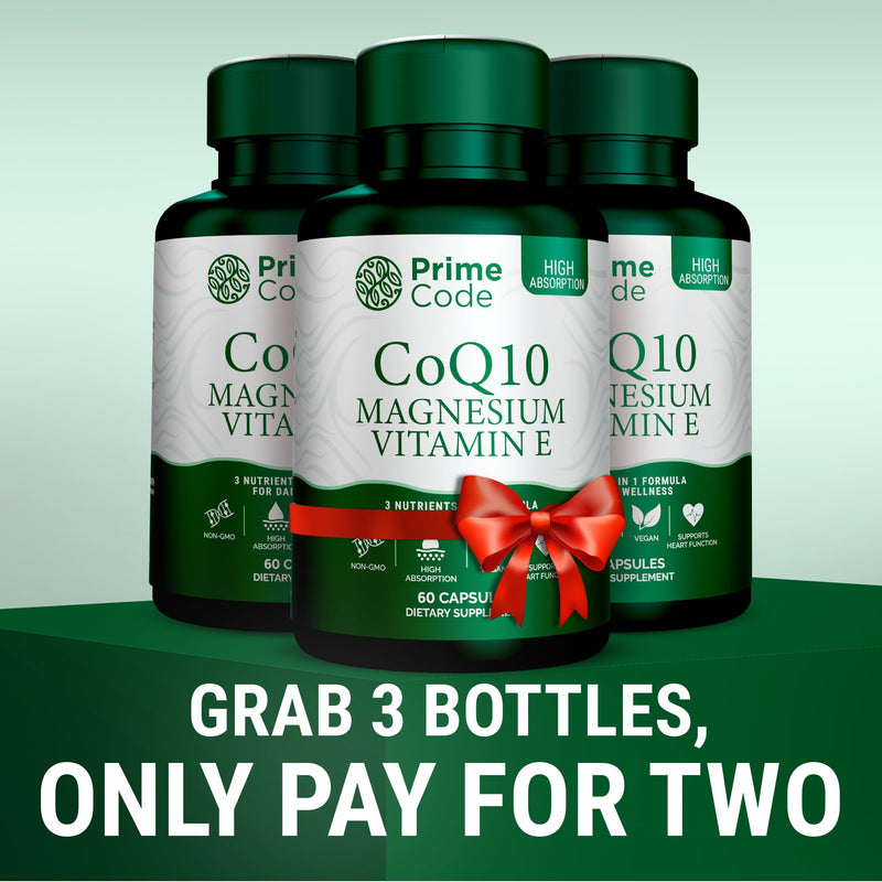 Prime Code [ 3 𝐢𝐧 𝟏] CoQ10 250mg with Magnesium Glycinate and Vitamin E | CoQ10 Capsules 250mg | Magnesium Glycinate 200mg | Vitamin E 15mg | Non-GMO | Gluten & Soy Free | Vegan