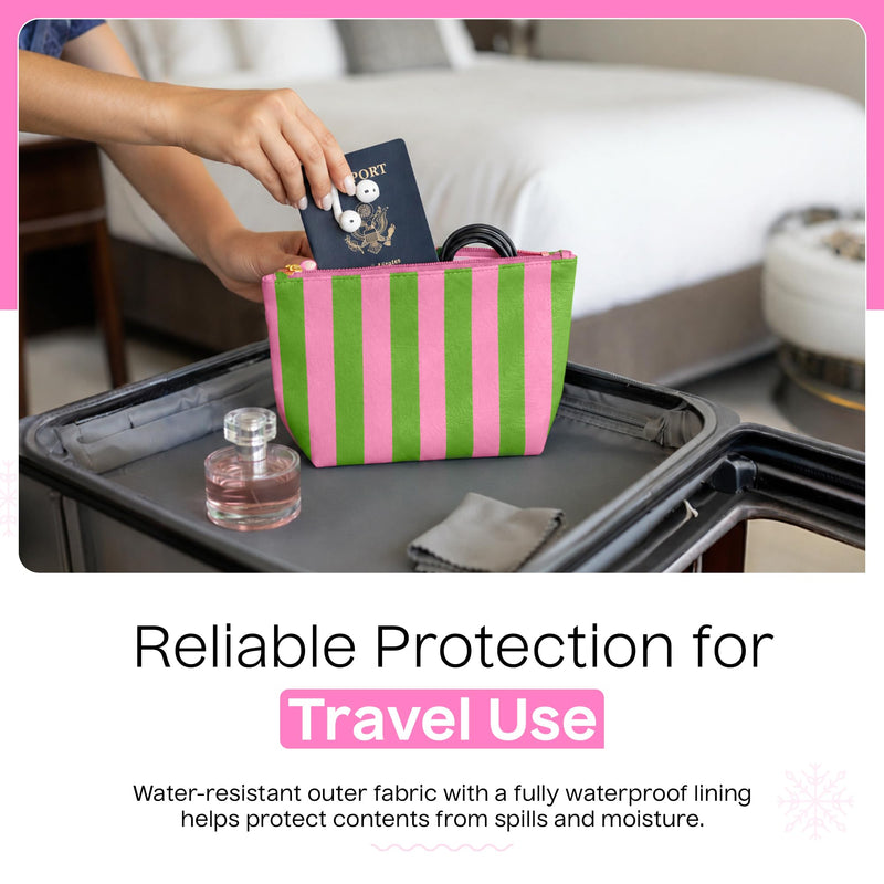 Preppy Stripe Crinkle Makeup Bag Set of 5 Travel Cosmetic Bags | Pink and Green, 6 x 9 x 3 in, Crinkle & stripe design, waterproof fabric, generous capacity, gift for women Green/Pink