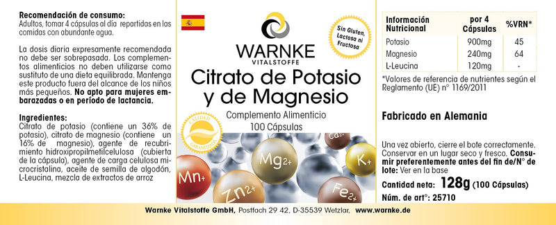 [Australia] - Potassium-magnesium citrate 100 capsules, high dosage, vegan, organic minerals, highly bioavailable | Warnke vital substances - German pharmacy quality 