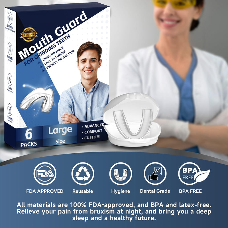 [Australia] - 6 Pack Mouth Guards for Men,Comfortable Dental Guards for Adult Men Grinding Teeth,Moldable Night Guards for Clenching Teeth, Bruxism,TMJ,Teeth Whitening Tray & Sports Large 