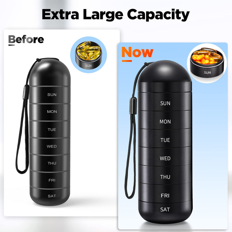 Zannaki XL Metal Travel Pill Organizer, Extra Large Waterproof Weekly Pill Box, Aluminum Alloy Pill Case Container, BPA Free 7 Day Daily Medicine Organizer Holder for Vitamin, Fish Oil, Supplement Black-xl
