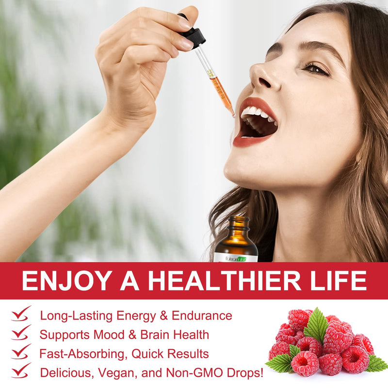 Liquid Vitamin B Complex Supplement, B Vitamins Complex - Vitamin B12 B1 B6 Niacin & Folate, 60ml, Raspberry Flavour - Supports Brain Heart Function, Elevates Mood & Energy Levels