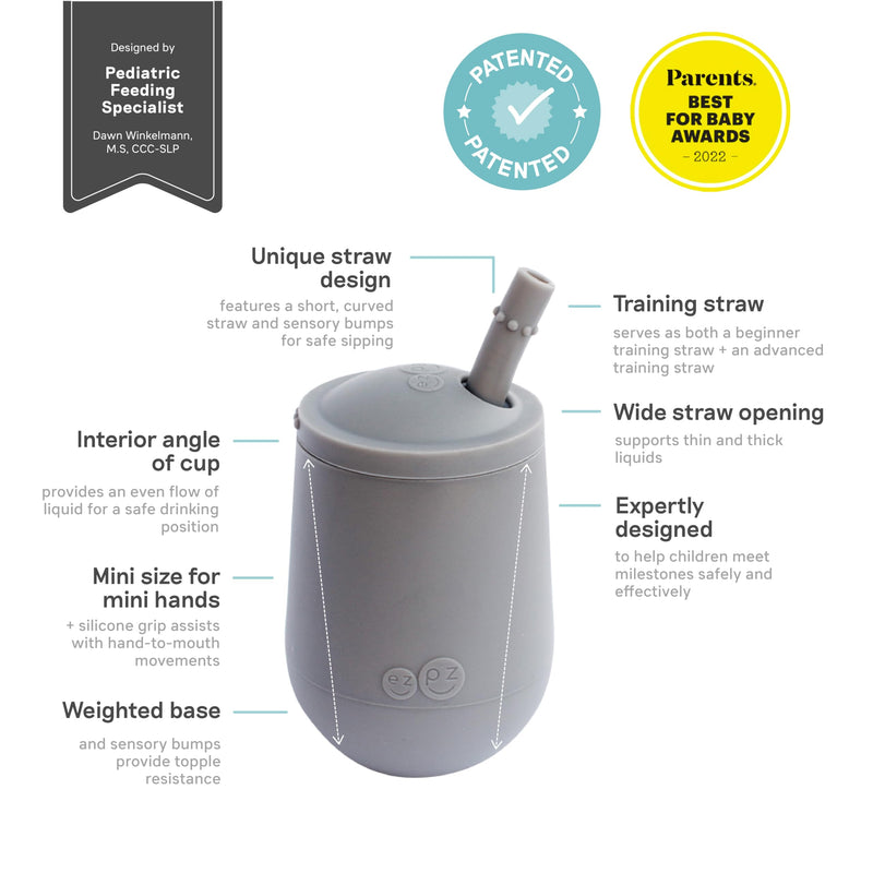 [Australia] - ezpz Mini Cup + Straw Training System - 9 Months+ (Gray) - 100% Silicone Training Cup for Infants + Toddlers - Designed by a Pediatric Feeding Specialist Gray 12 Months+ 