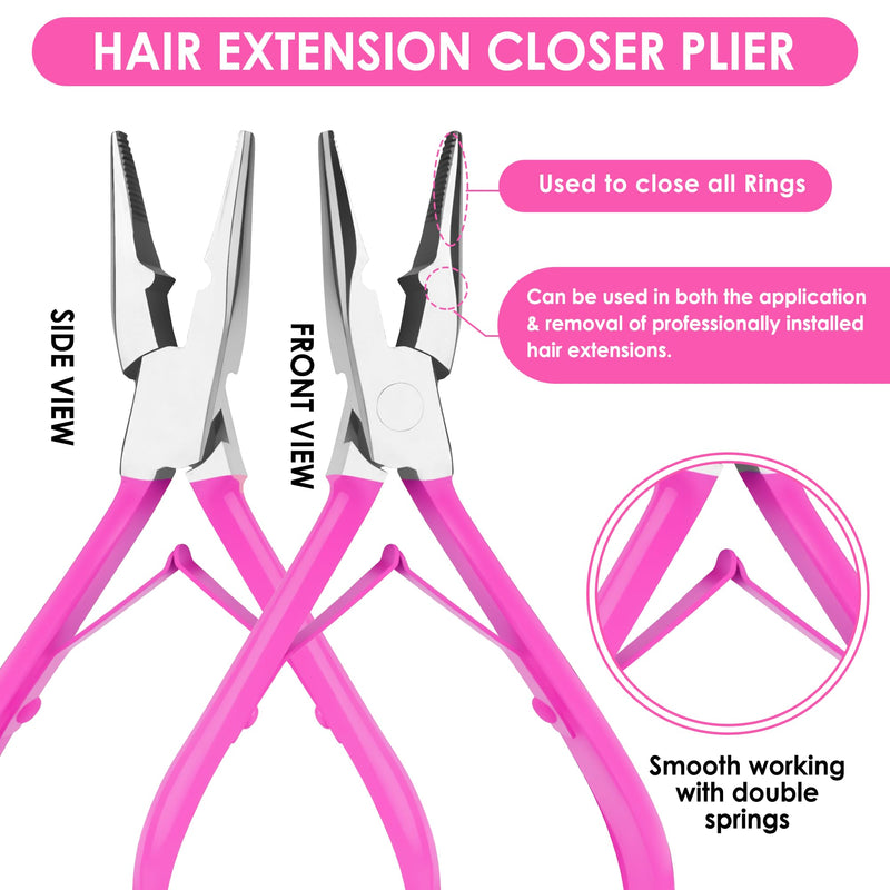 [Australia] - Beauty & Crafts Hair Extension Tools- Stainless Steel Pliers Set for Micro Beads- 1 Crochet Needle 1 Pulling Hook with Tail Comb- Micro Links Tool Kit with Leather Pouch- (Pink) Pink 